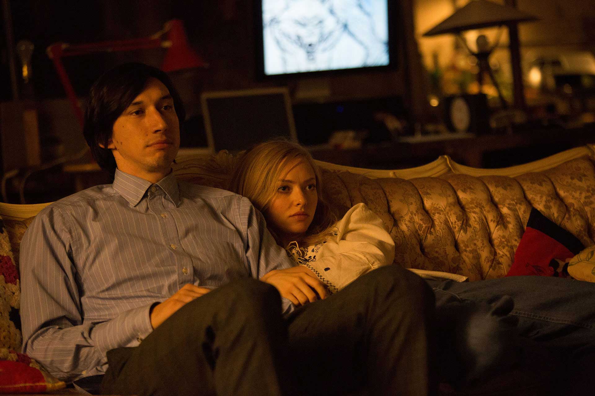 <strong>Amanda Seyfried</strong> et Adam Driver assis sur un canapé dans While We Are Young - 04
